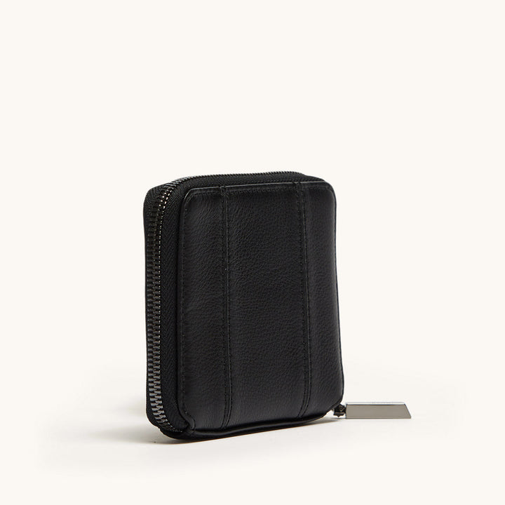 Hammitt 5 North zip-around wallet in black leather with gunmetal zipper hardware