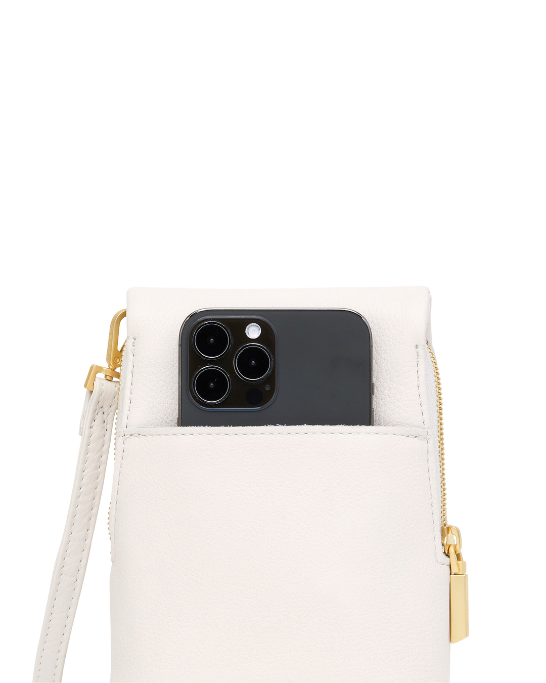 Hammitt VIP Mobile phone bag in calla lily white with gold zipper and iPhone shown