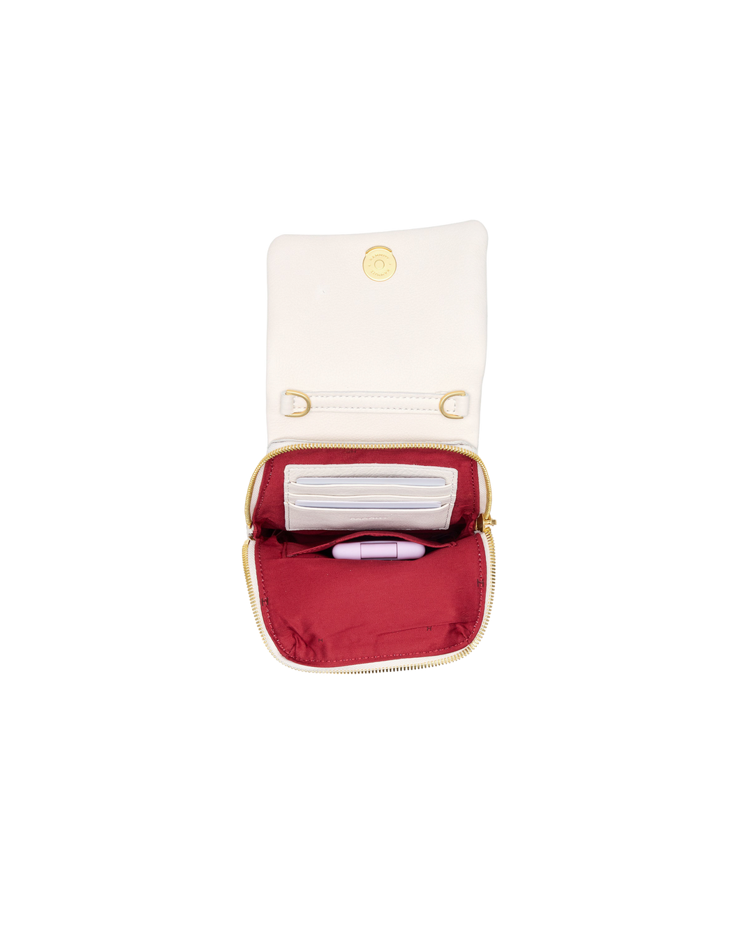 Hammitt VIP Mobile bag open view showing cream white exterior with red interior and card slots
