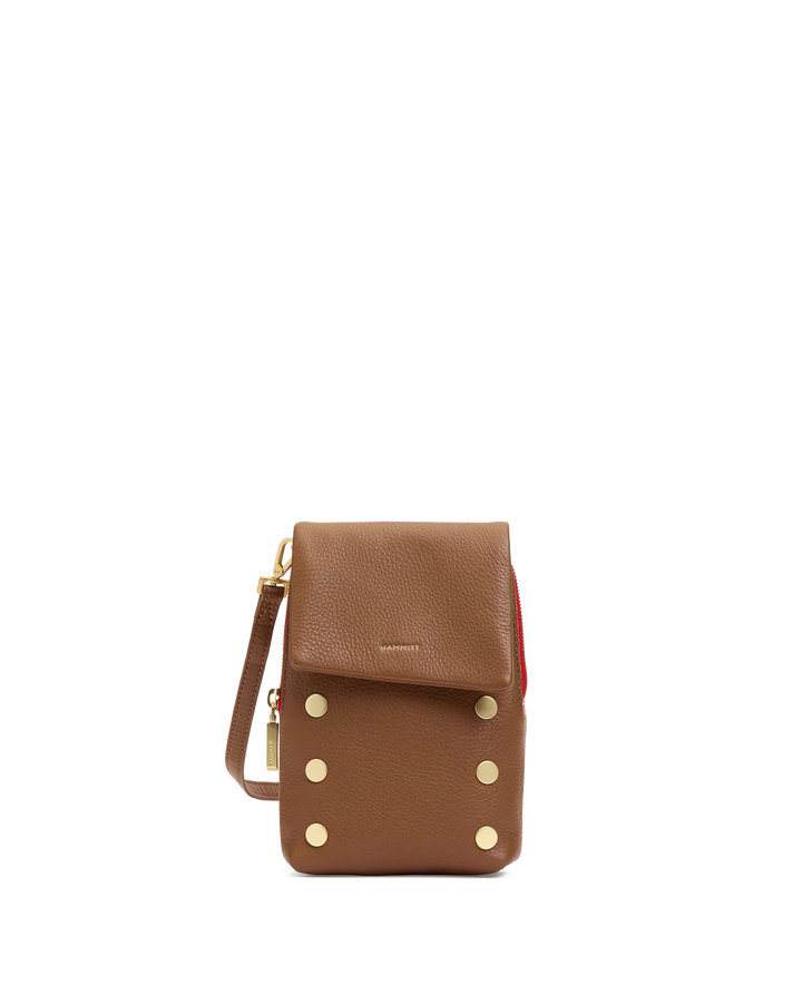 Hammitt VIP Mobile crossbody bag in mahogany pebble leather with gold studs and red zip