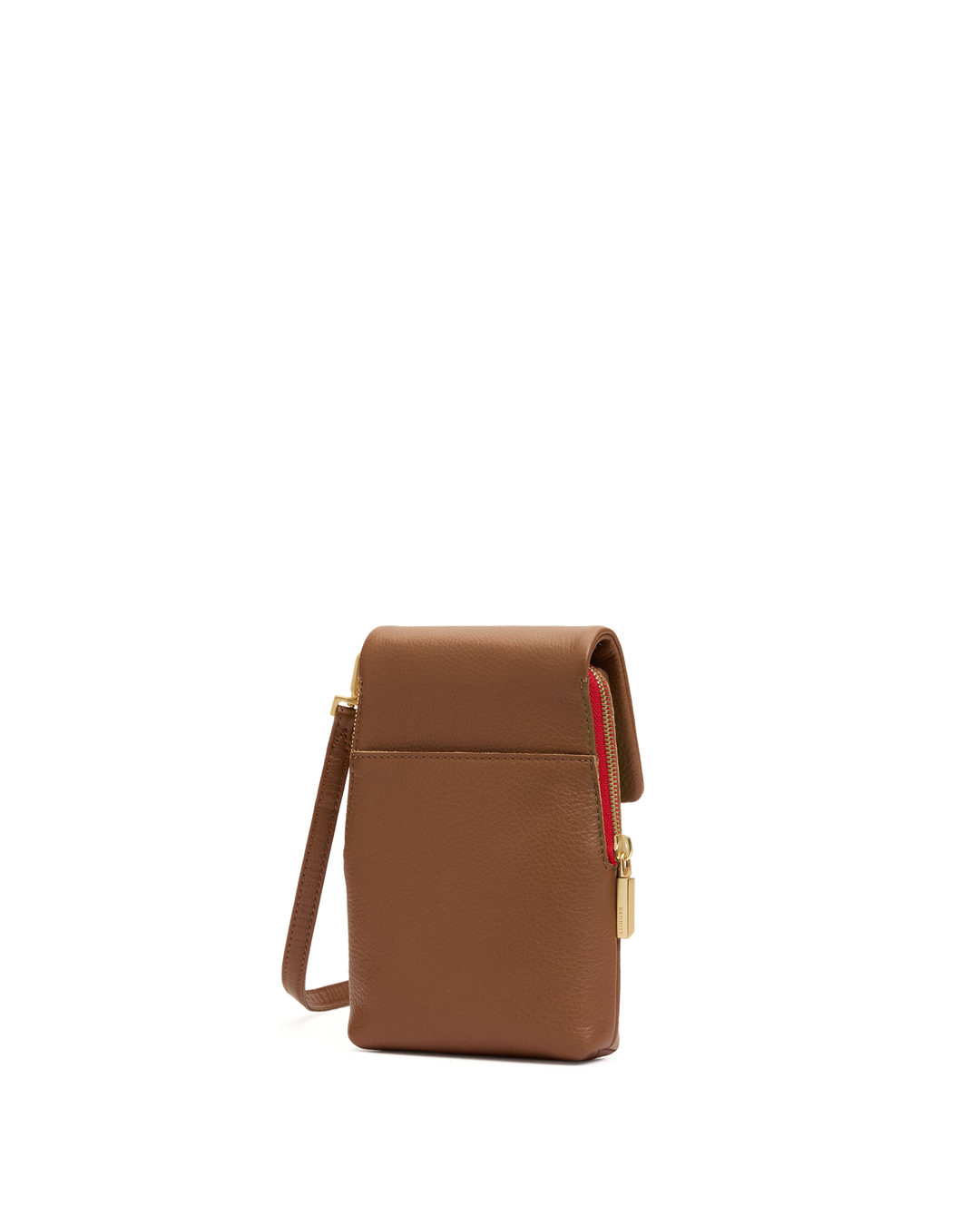 Hammitt VIP Mobile crossbody bag in mahogany pebble leather with gold hardware and red zip