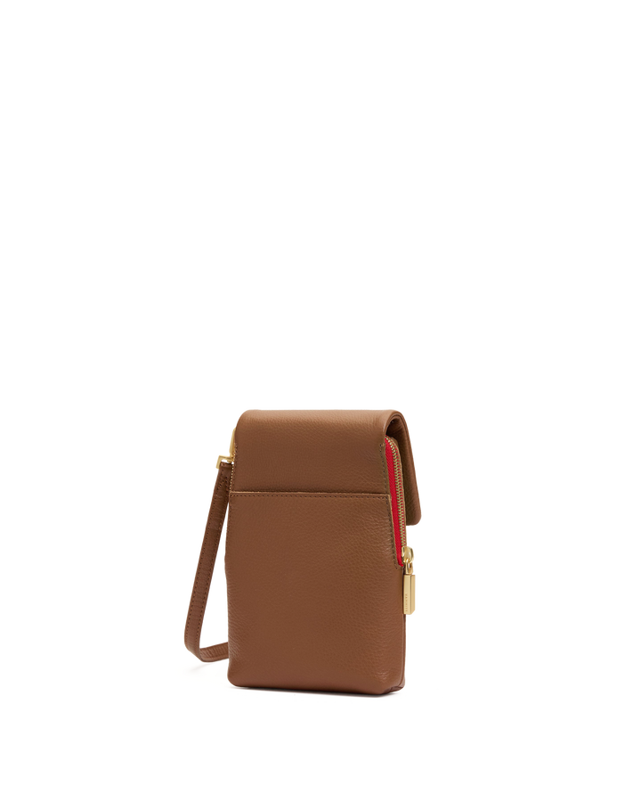 Hammitt VIP Mobile crossbody bag in mahogany pebble leather with gold hardware and red zip
