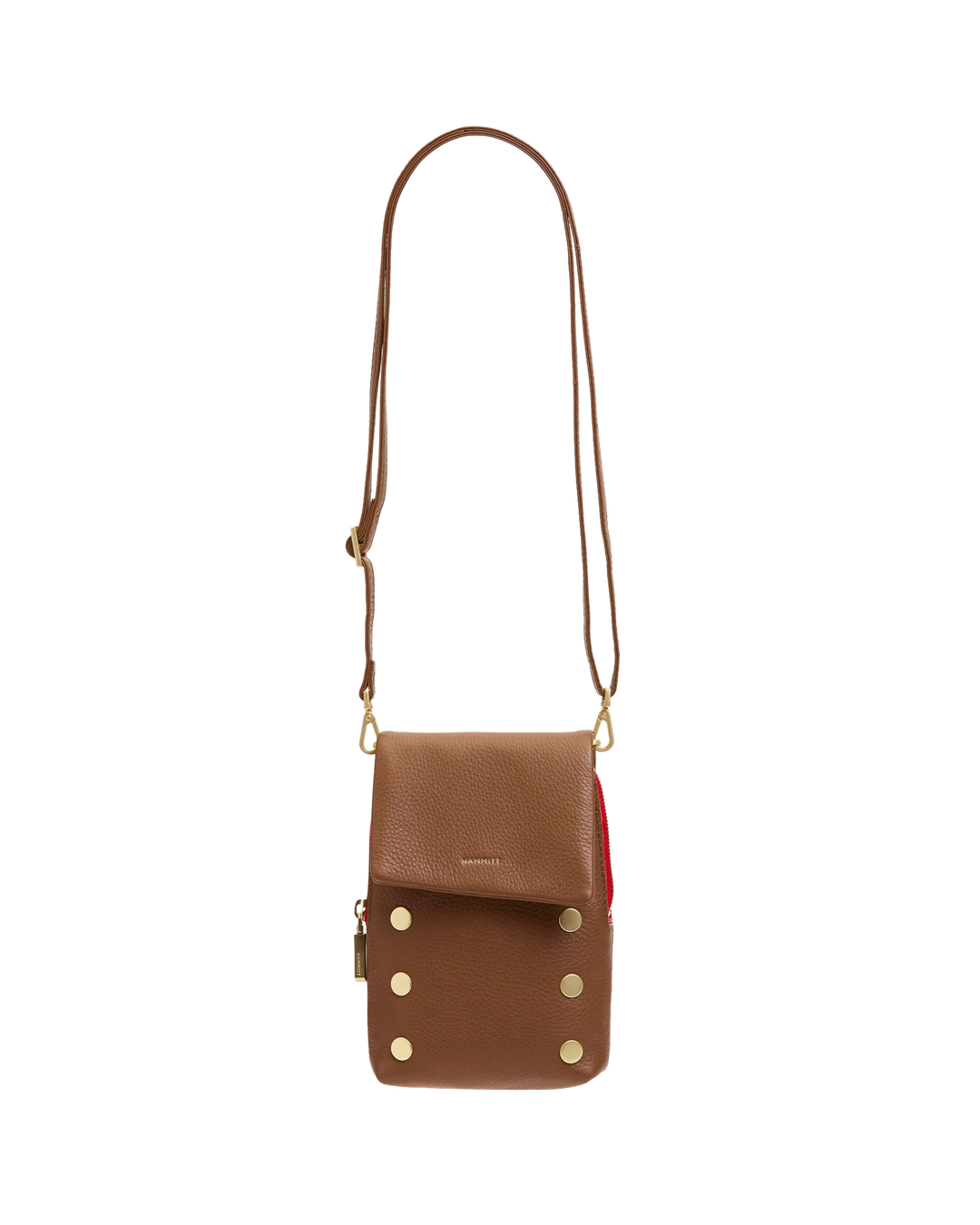 Hammitt VIP Mobile crossbody bag in mahogany pebble leather with brushed gold studs and red zip