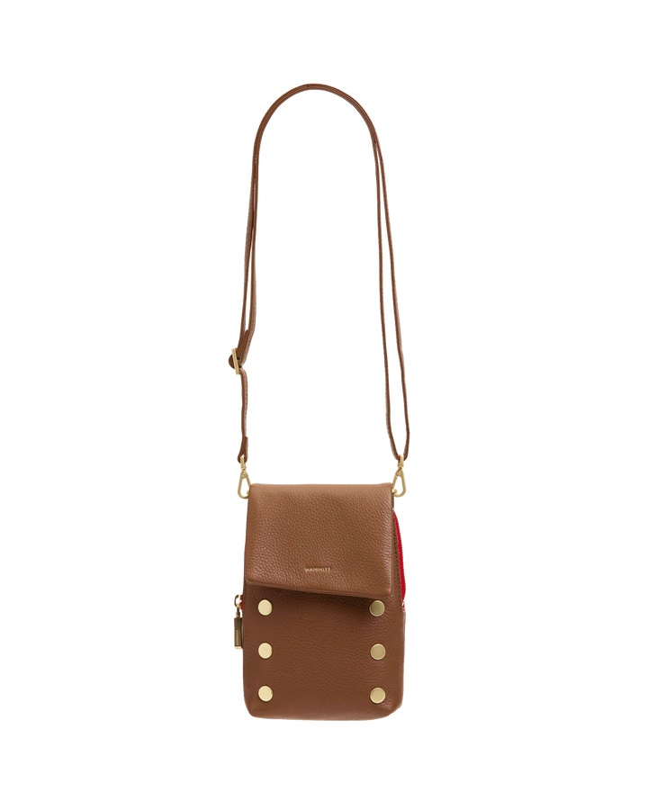 Hammitt VIP Mobile crossbody bag in mahogany pebble leather with brushed gold studs and red zip