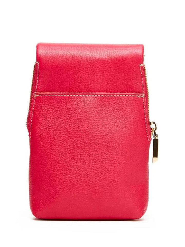 Hammitt VIP Mobile crossbody bag in calypso red pebbled leather with gold zipper, back view