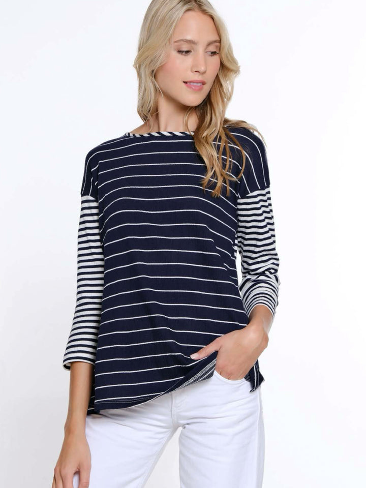Multiples: 3/4 Sleeve Scoop Neck Laced Tie Back Hi-Lo Top in MIDNGT M15508TM - The Vogue Boutique