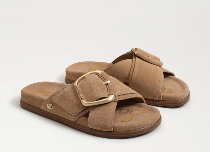 Sam Edelman: Darla Buckle Slide Sandal in Tan Suede - The Vogue Boutique