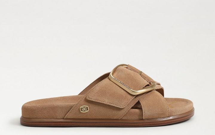 Sam Edelman: Darla Buckle Slide Sandal in Tan Suede - The Vogue Boutique