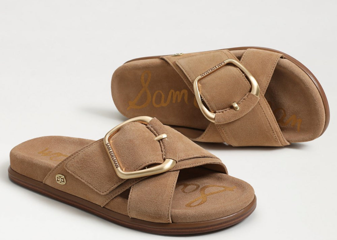 Sam Edelman: Darla Buckle Slide Sandal in Tan Suede - The Vogue Boutique