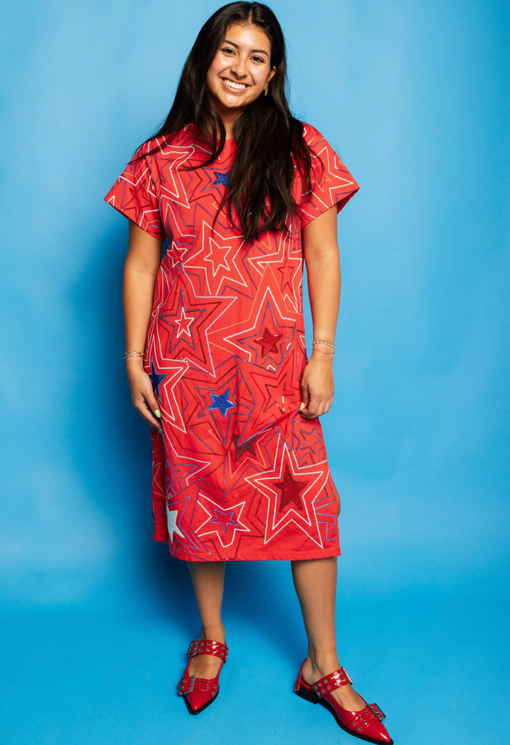 Queen Of Sparkles: Red, White, & Blue Groovy Star Midi Tee Dress