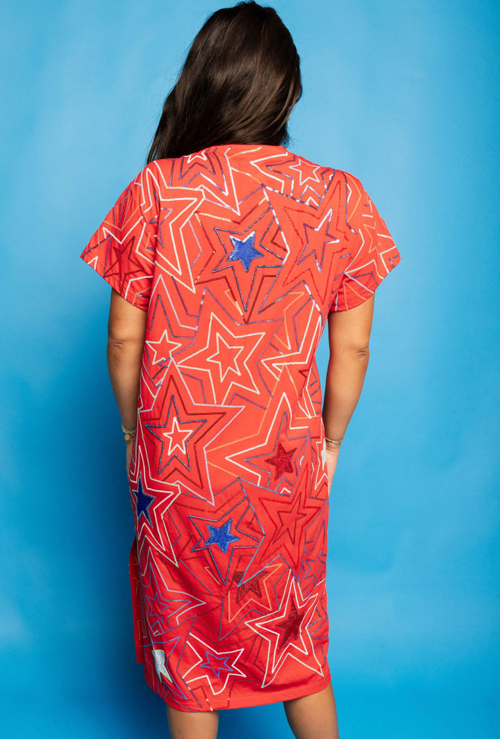 Queen Of Sparkles: Red, White, & Blue Groovy Star Midi Tee Dress