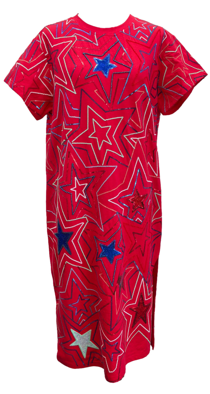 Queen Of Sparkles: Red, White, & Blue Groovy Star Midi Tee Dress