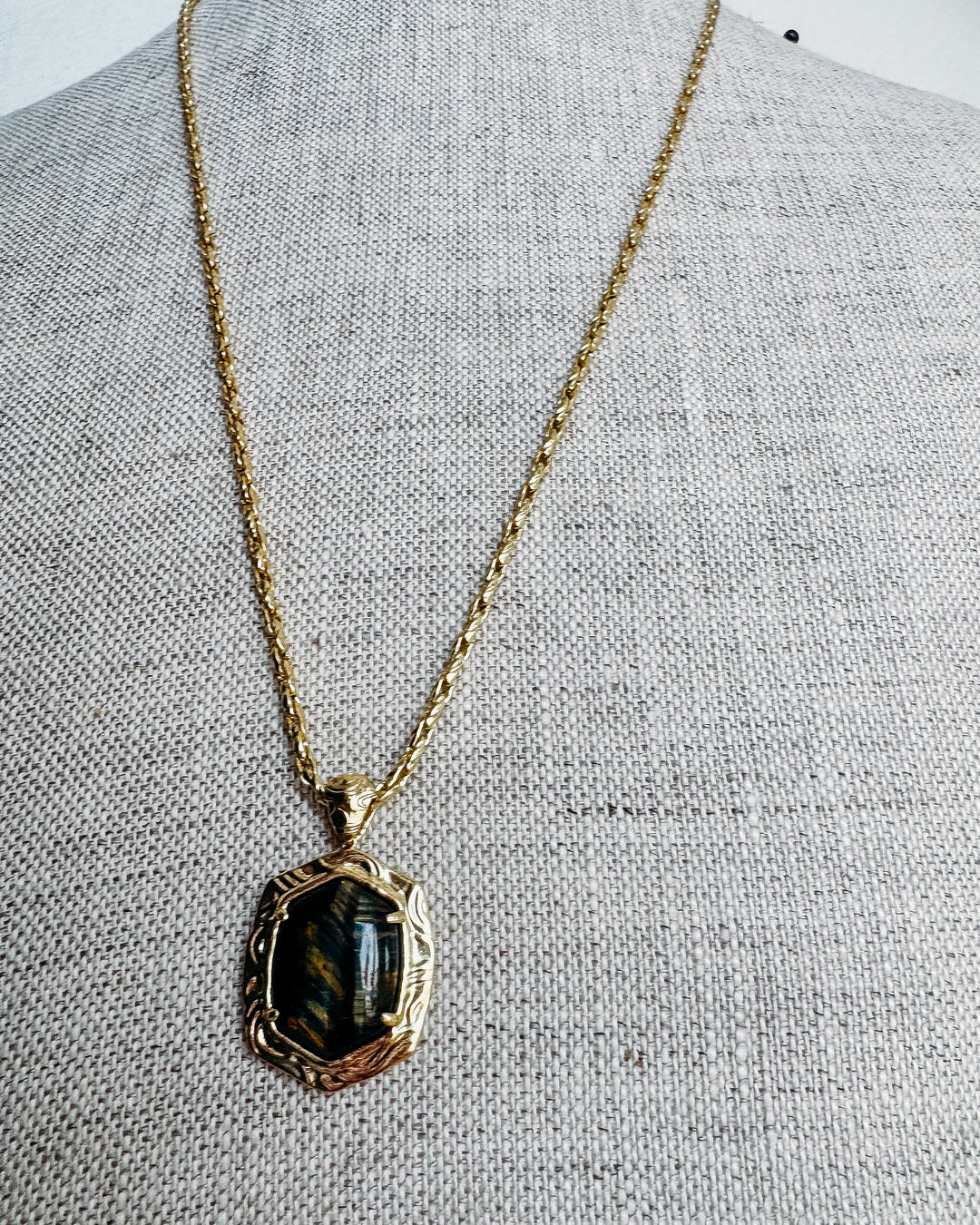Kendra Scott: Tiger Striped Daphne Small Long Pendant Necklace in Gold Dark Brown Hawk's Eye (9608806370)