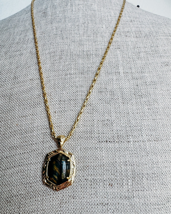 Kendra Scott: Tiger Striped Daphne Small Long Pendant Necklace in Gold Dark Brown Hawk's Eye (9608806370)