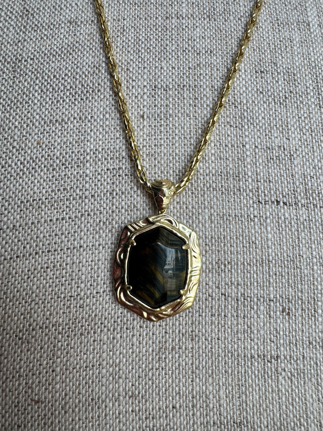 Kendra Scott: Tiger Striped Daphne Small Long Pendant Necklace in Gold Dark Brown Hawk's Eye (9608806370)