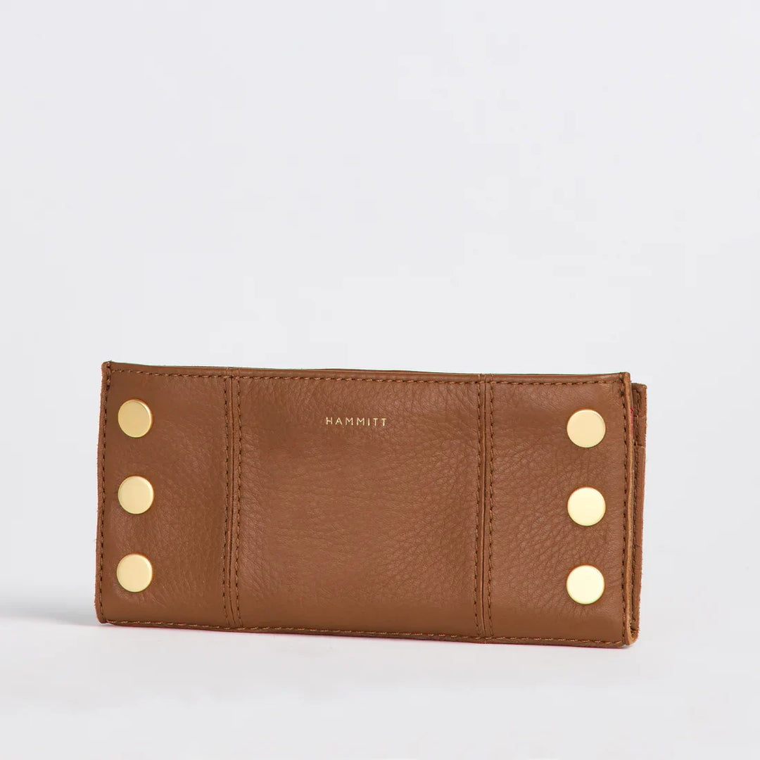 Hammitt 110 North wallet in mahogany pebble leather with gold studs, back view