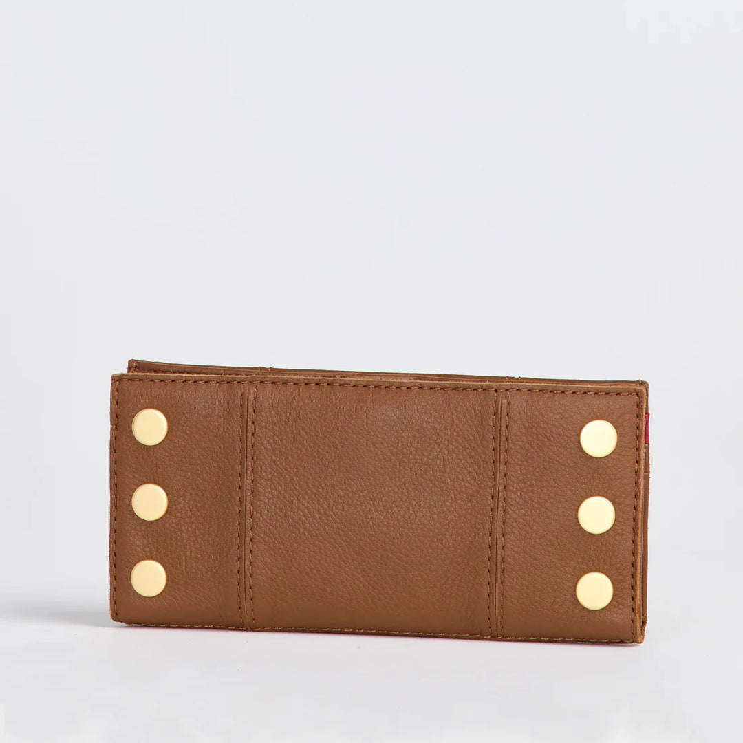 Hammitt 110 North wallet in mahogany pebble leather with gold studs, back view