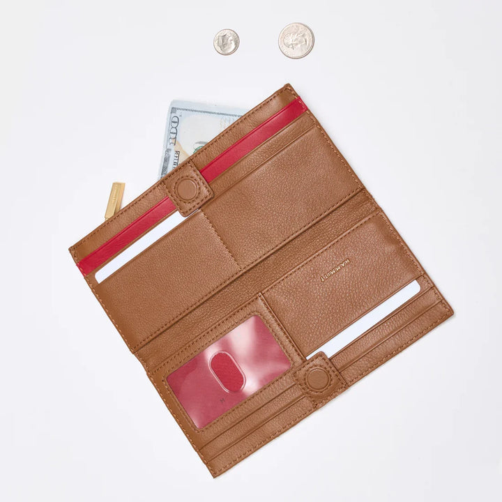 Hammitt 110 North wallet open showing red zip interior, card slots, and ID window