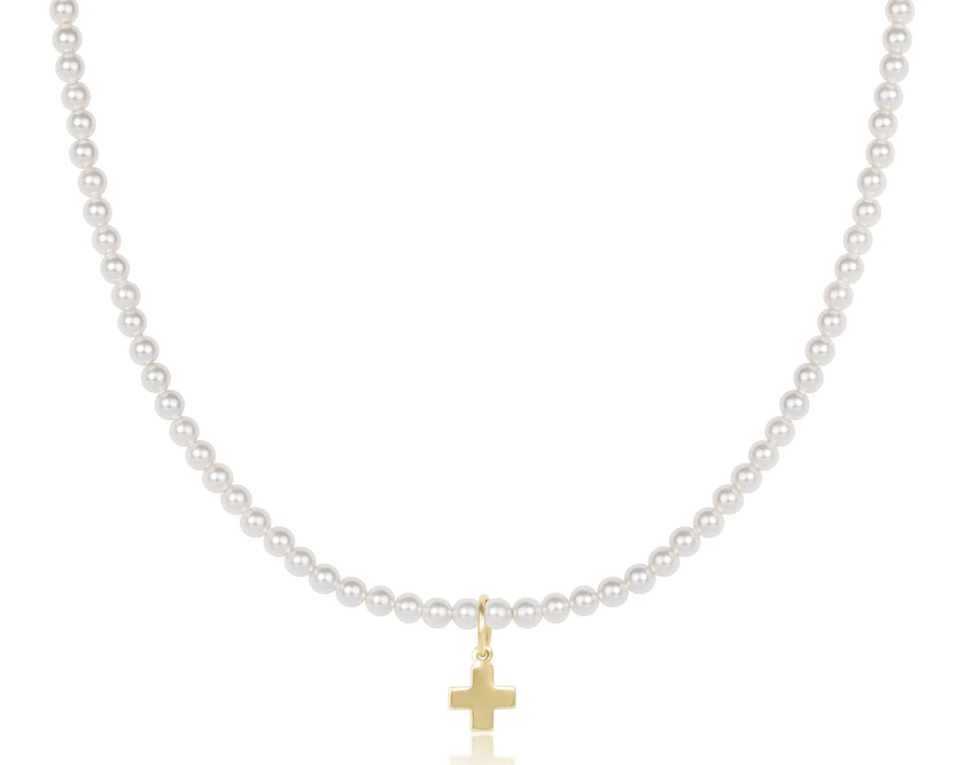 Enewton: 17' Choker Classic Pearl 3mm Bead - Signature Cross Gold Charm
