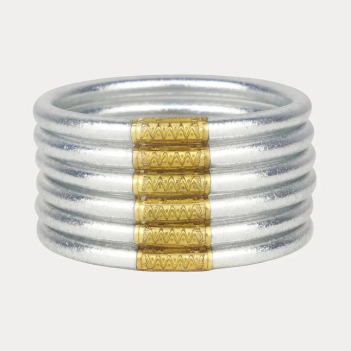 Budha Girl: Serenity Prayer All Weather Bangle Set of 6 in Silver