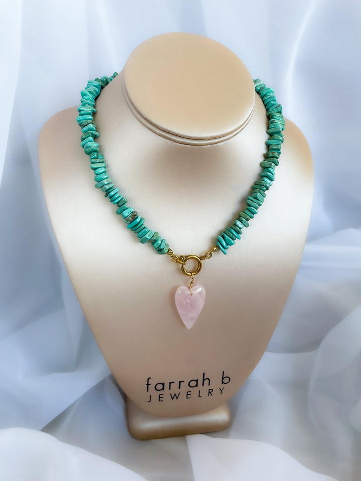 Farrah b: REBEL HEART Beaded Necklace in Turquoise Shell W/ Pink Heart  (NBD5c)