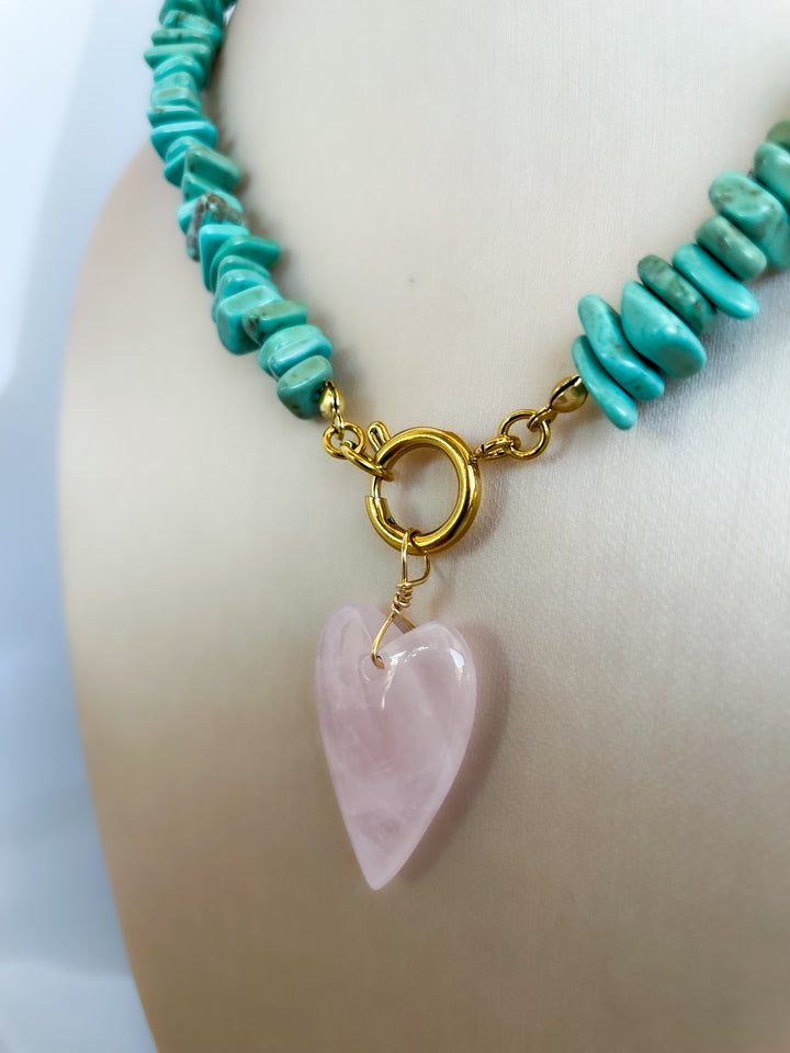 Farrah b: REBEL HEART Beaded Necklace in Turquoise Shell W/ Pink Heart  (NBD5c)