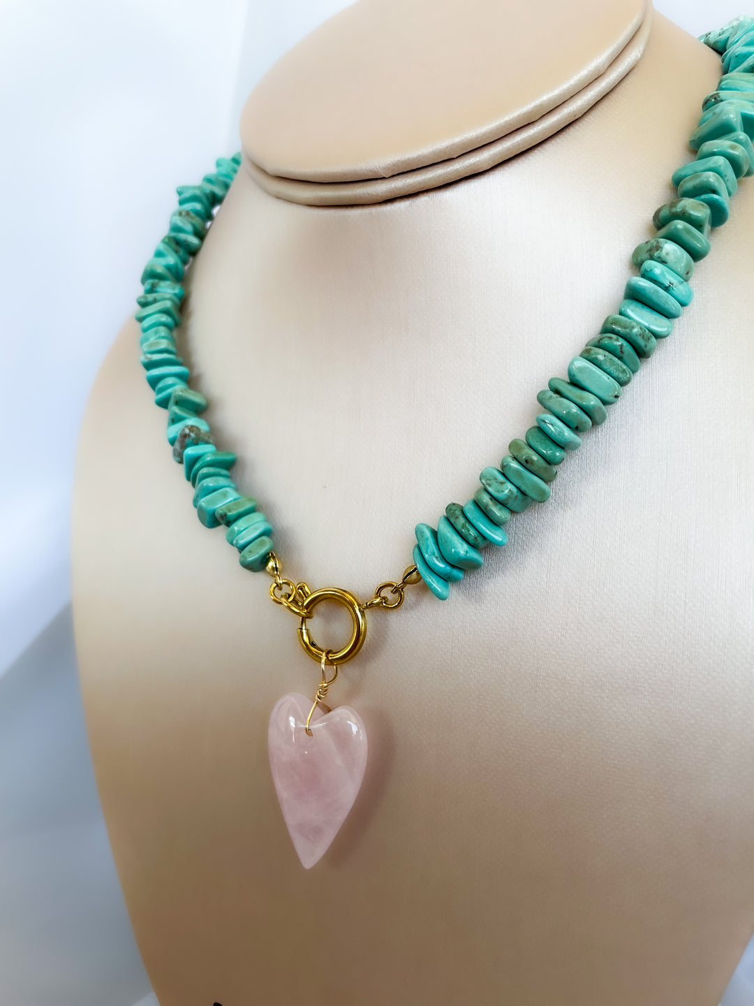 Farrah b: REBEL HEART Beaded Necklace in Turquoise Shell W/ Pink Heart  (NBD5c)