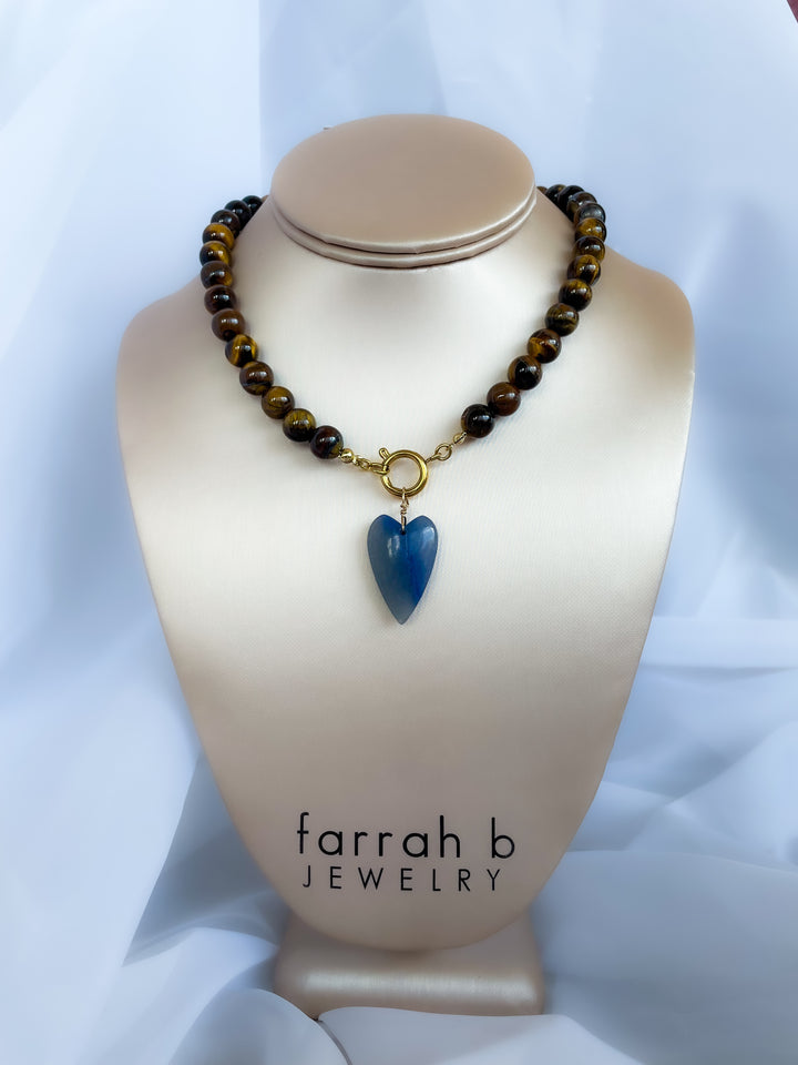 Farrah b: REBEL HEART Beaded Necklace in Brown Bead with Blue Heart (NBD5c)