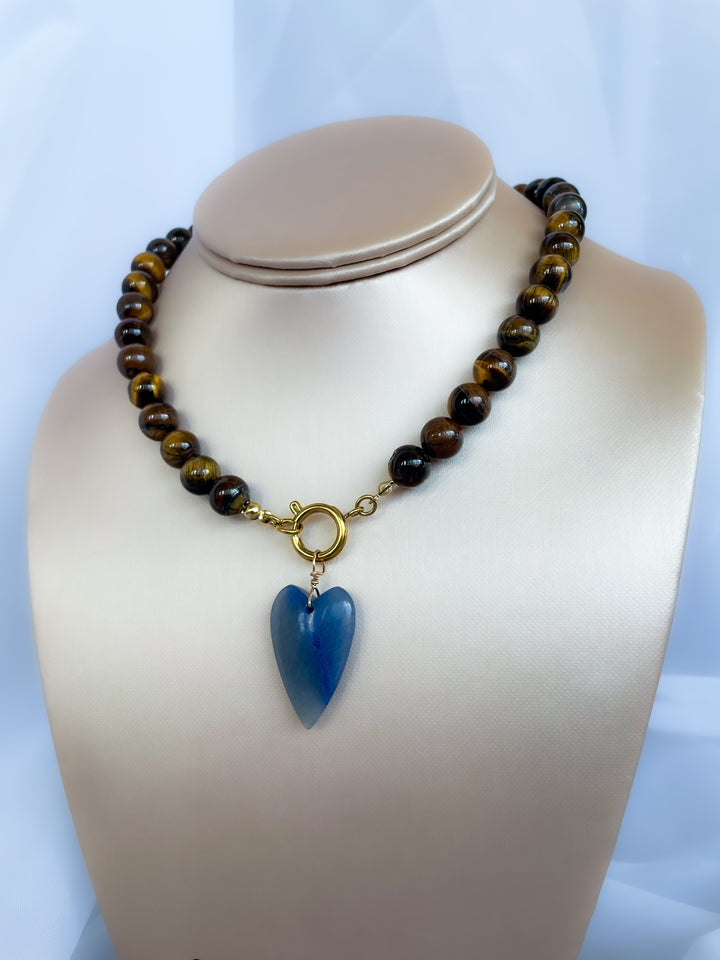 Farrah b: REBEL HEART Beaded Necklace in Brown Bead with Blue Heart (NBD5c)