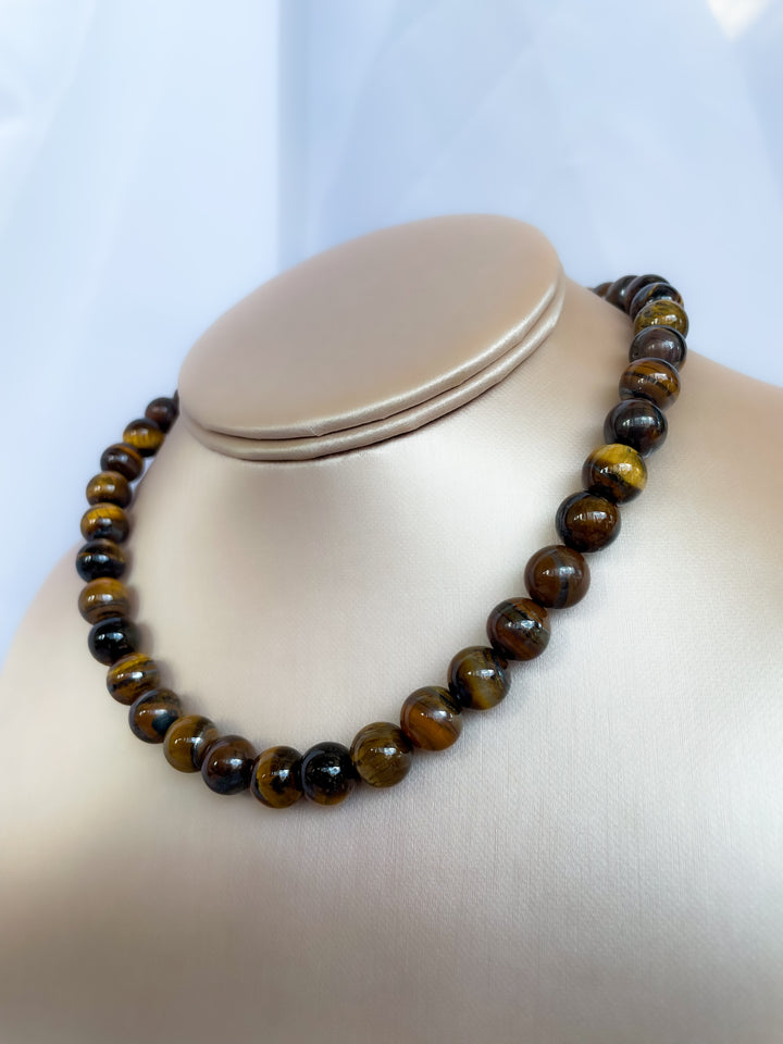 Farrah b: REBEL HEART Beaded Necklace in Brown Bead with Blue Heart (NBD5c)