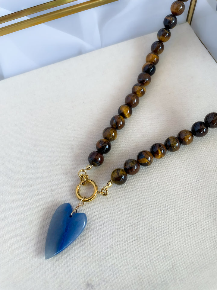 Farrah b: REBEL HEART Beaded Necklace in Brown Bead with Blue Heart (NBD5c)