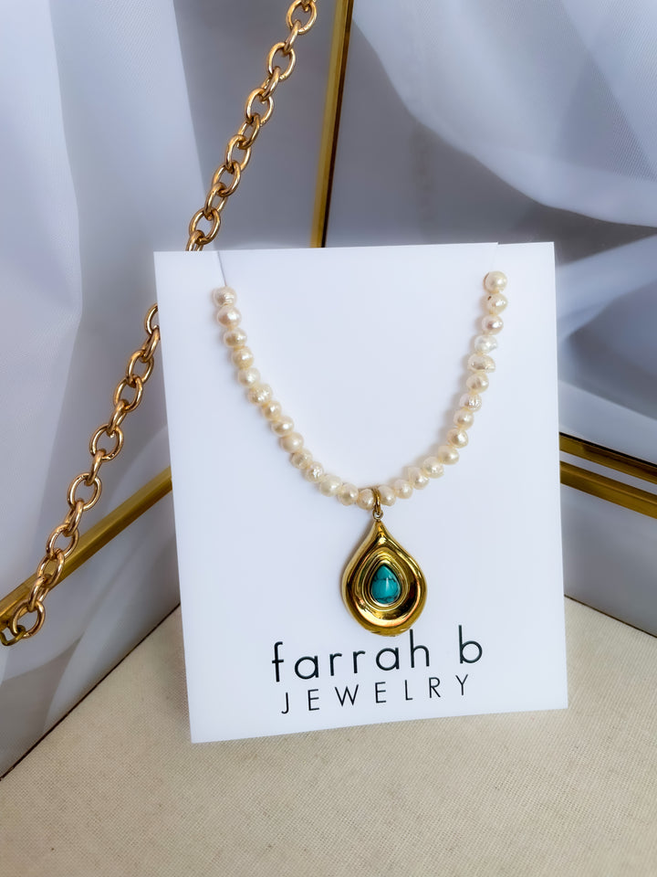 Farrah b: SOCIAL HOUR Necklaces Pearl Necklace with Turquoise Pendant Drop (YN83)