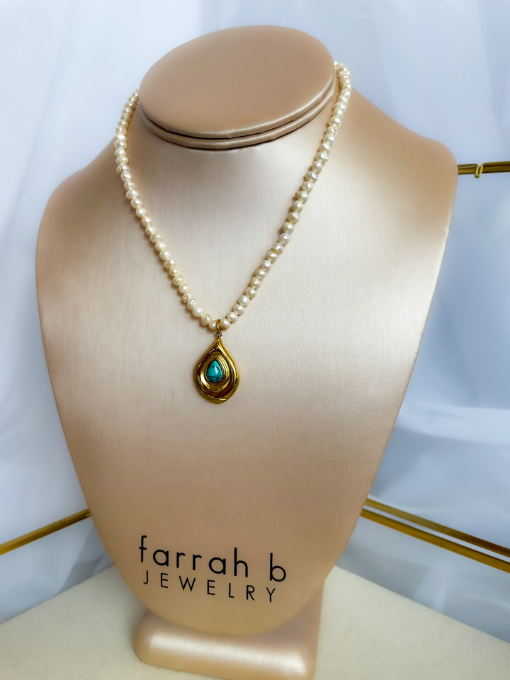 Farrah b: SOCIAL HOUR Necklaces Pearl Necklace with Turquoise Pendant Drop (YN83)
