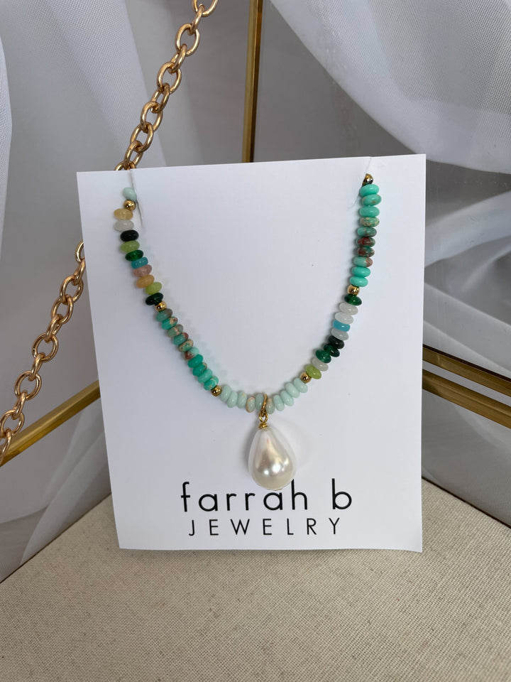 Farrah b: SOCIAL HOUR Necklaces Turquoise Necklace with Pearl Drop  (YN83)
