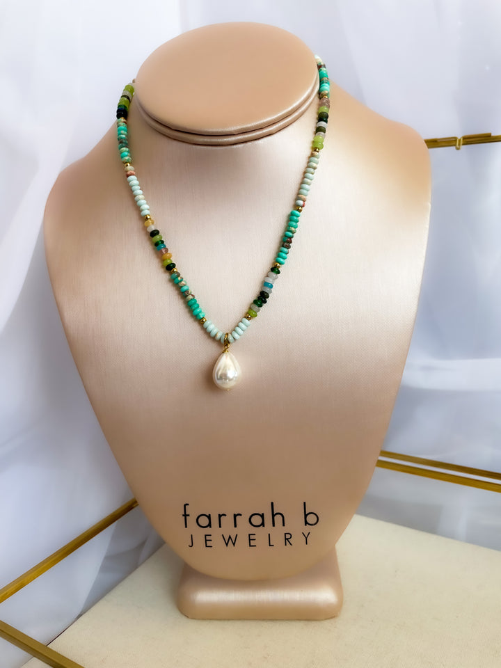 Farrah b: SOCIAL HOUR Necklaces Turquoise Necklace with Pearl Drop  (YN83)
