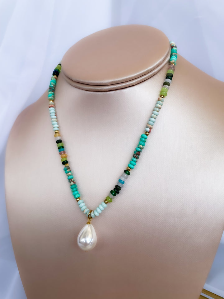 Farrah b: SOCIAL HOUR Necklaces Turquoise Necklace with Pearl Drop  (YN83)