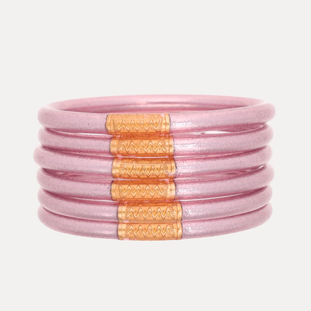 Budha Girl: Serenity Prayer All Weather Bangles Set of 6 in Ice Rose