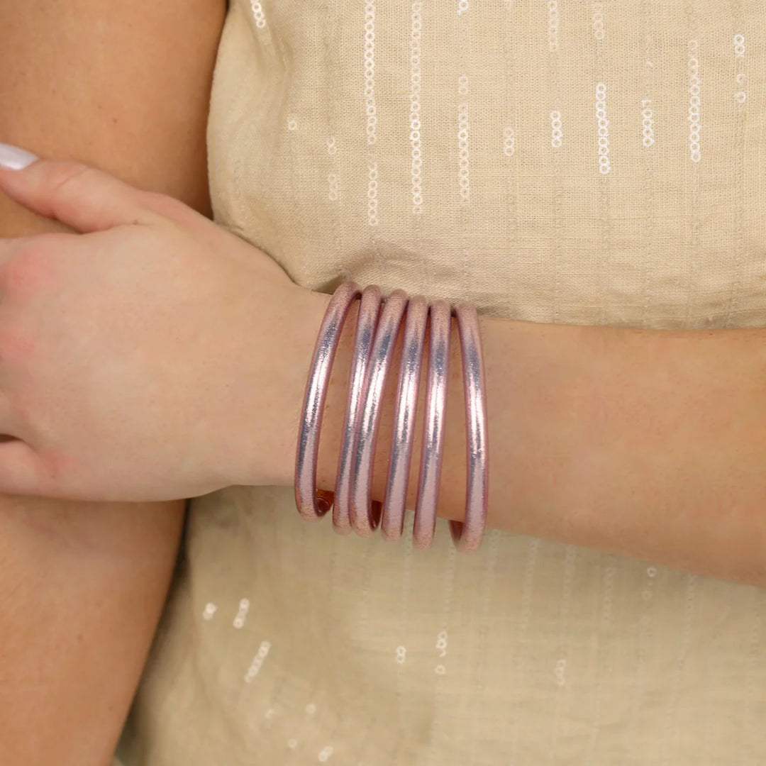 Budha Girl: Serenity Prayer All Weather Bangles Set of 6 in Ice Rose
