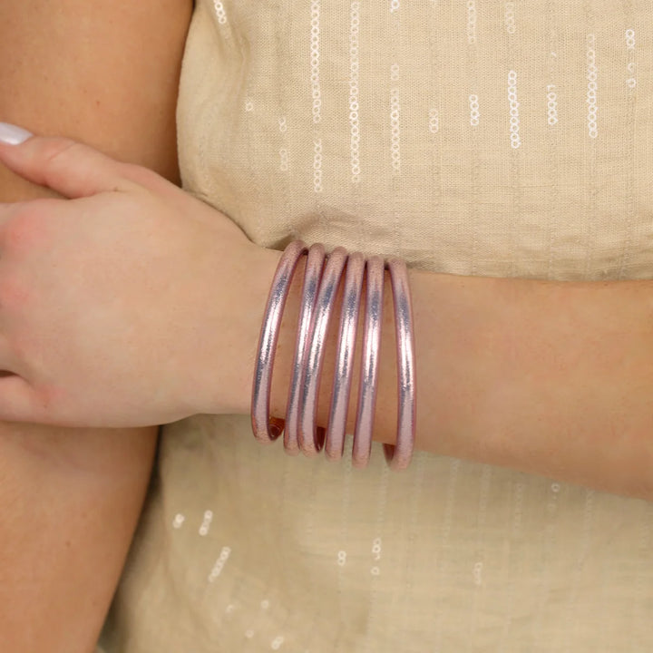 Budha Girl: Serenity Prayer All Weather Bangles Set of 6 in Ice Rose