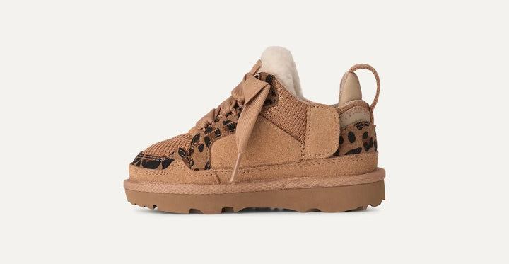fur lined chestnut colored tennis shoe with leopard sheepskin details