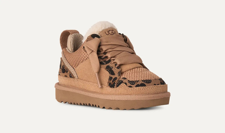 fur lined chestnut colored tennis shoe with leopard sheepskin details