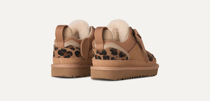 fur lined chestnut colored tennis shoe with leopard sheepskin details