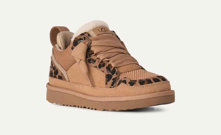 fur lined chestnut colored tennis shoe with leopard sheepskin details