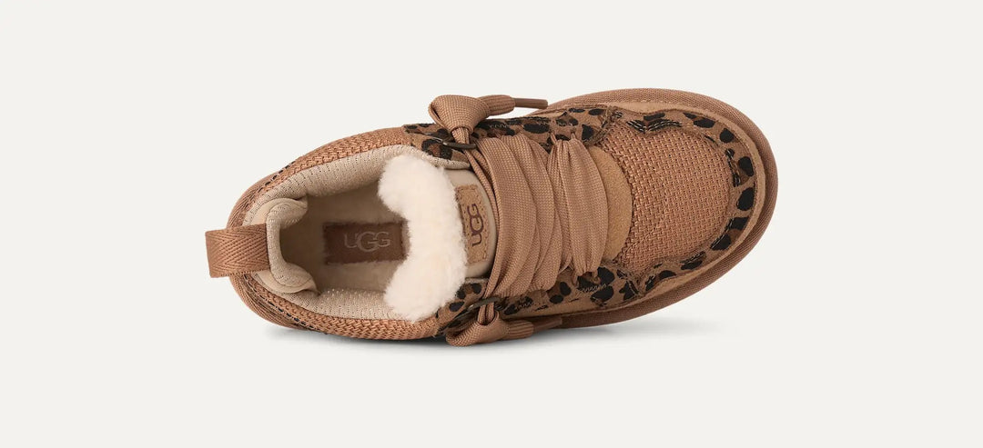 fur lined chestnut colored tennis shoe with leopard sheepskin details