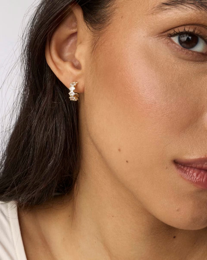 Kendra Scott: Cailin Gold Crystal Huggie Earrings in White Crystal - The Vogue Boutique