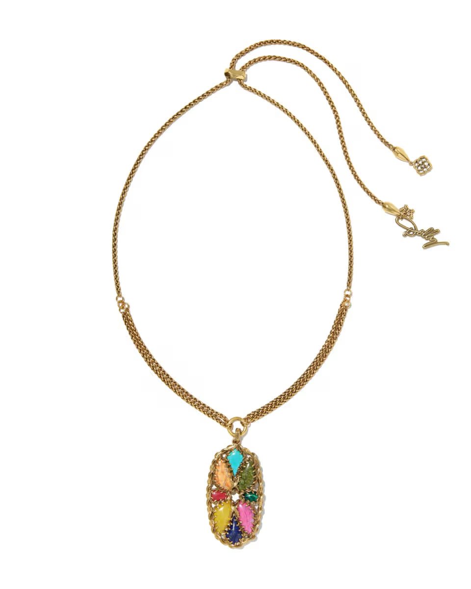 Kendra Scott:  Dolly Parton Patchwork Long Pendant Necklace Gold in Bright Multi