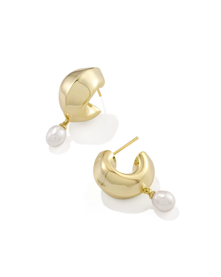 Kendra Scott: Oakland Pearl Huggie Earrings in Gold Freshwater Cultured Pearl