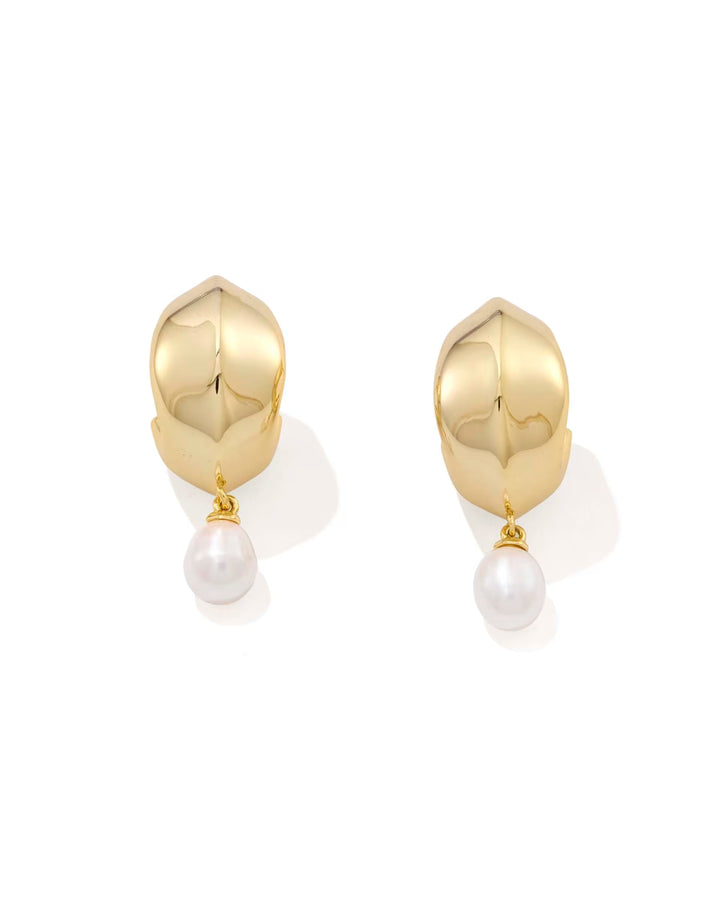 Kendra Scott: Oakland Pearl Huggie Earrings in Gold Freshwater Cultured Pearl