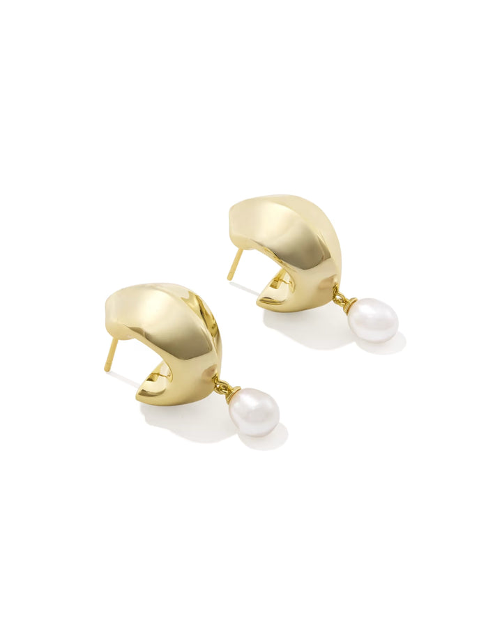 Kendra Scott: Oakland Pearl Huggie Earrings in Gold Freshwater Cultured Pearl