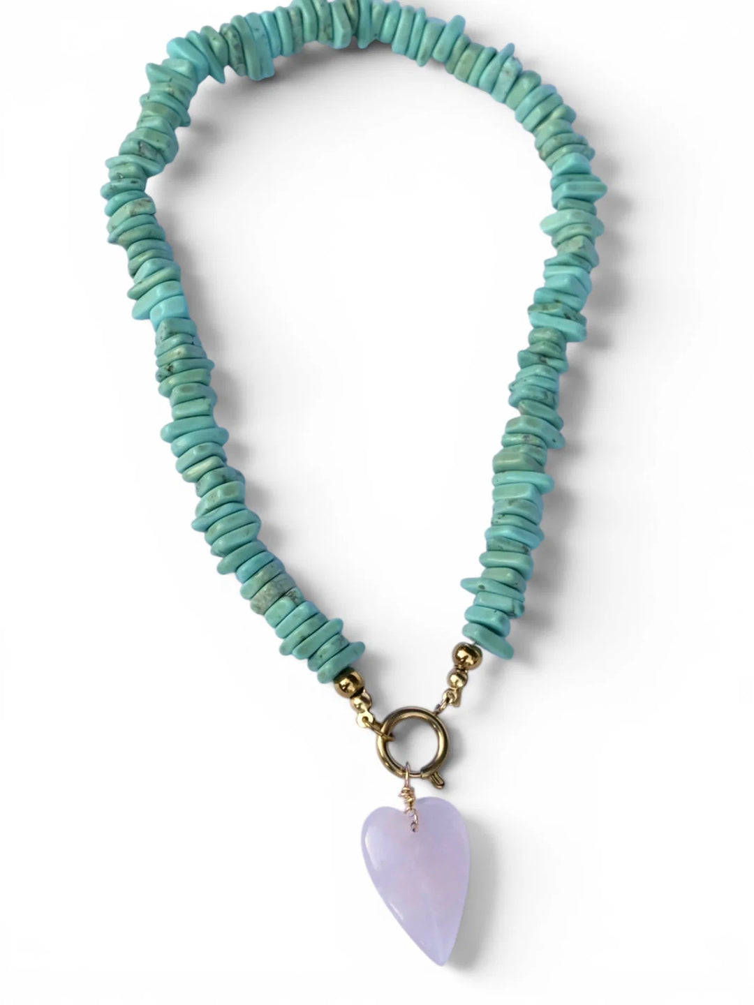 Farrah b: REBEL HEART Beaded Necklace in Turquoise Shell W/ Pink Heart  (NBD5c)